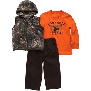 Carhartt Kid's Long-Sleeve T-Shirt, Camo Vest Canvas Pant Set Mustang Brown 9 Mo